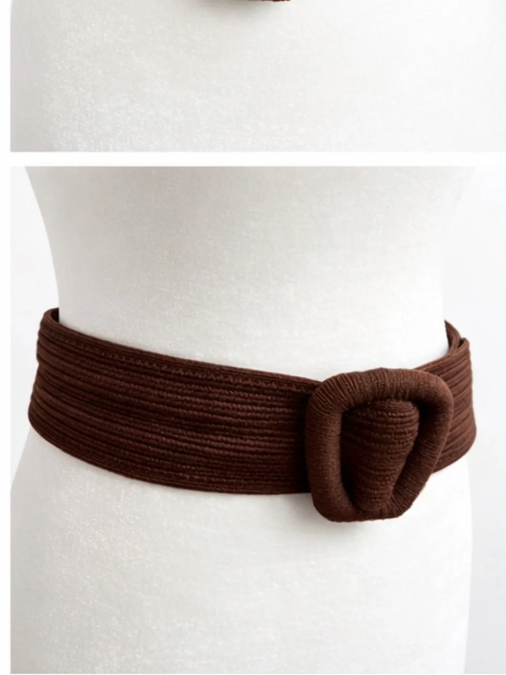 Vintage Chocolate Brown Woven Elastic Waist Belt with Covered Buckle
